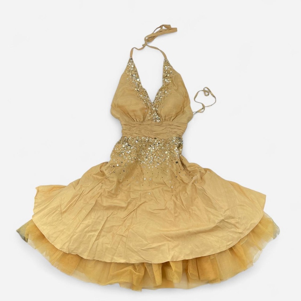 Vintage Y2K Scala Silk Fairy Mini Dress 2 XS Sequin Halter Glam Formal Party New